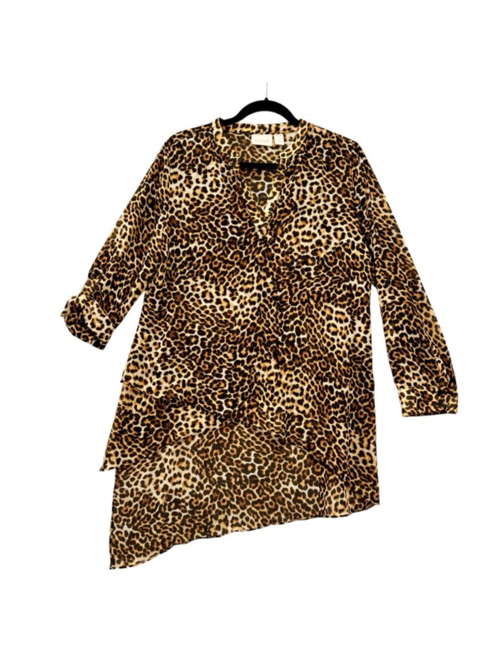 Chico's Leopard Sheer Blouse Cover Up M Tiered Hi-Low Tab Cuffed Sleeves Regency - Picture 3 of 12